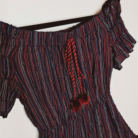 Moon River Smocked Tiered Off Shoulder Mini Dress XS Peasant Red White Blue Boho - Picture 2 of 11